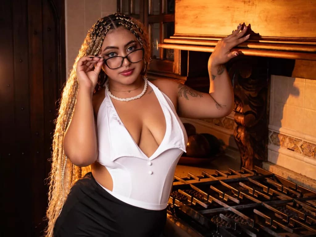 BBW ebony Latina LuisaCameron in deep V-neck top, black pants, and glasses